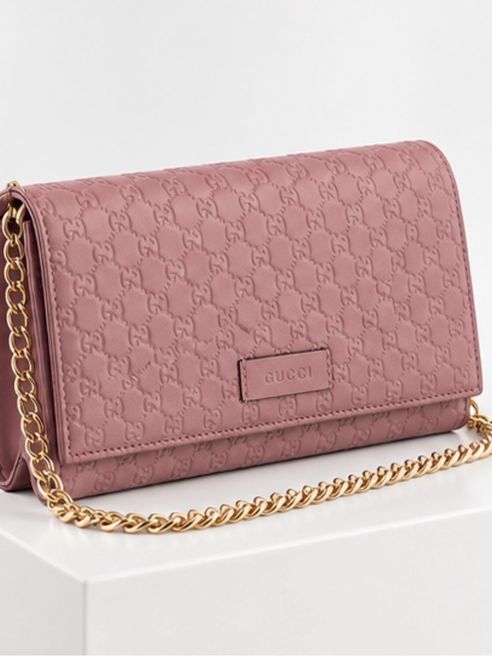 Gucci Guccissima Pink Leather Wallet with Gold Chain WOC